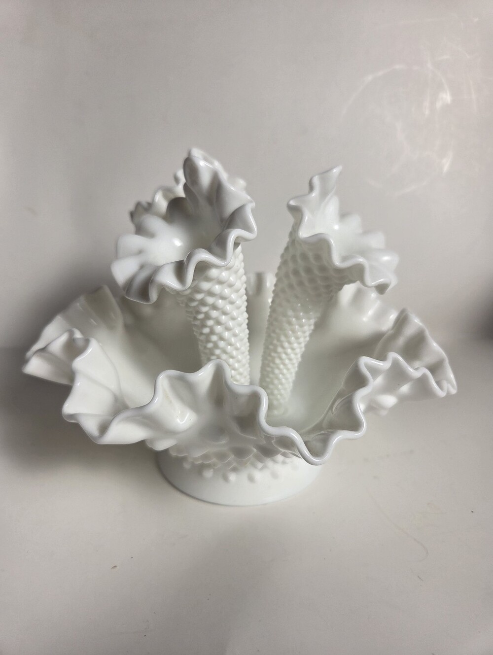 Fenton White Milk Glass Hobnail Ruffled Epergne Centerpiece Vintage